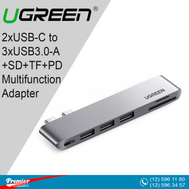 UGREEN 2xUSB-C to 3xUSB3.0-A+SD+TF+PD Multifunction Adapter Aluminum Shell